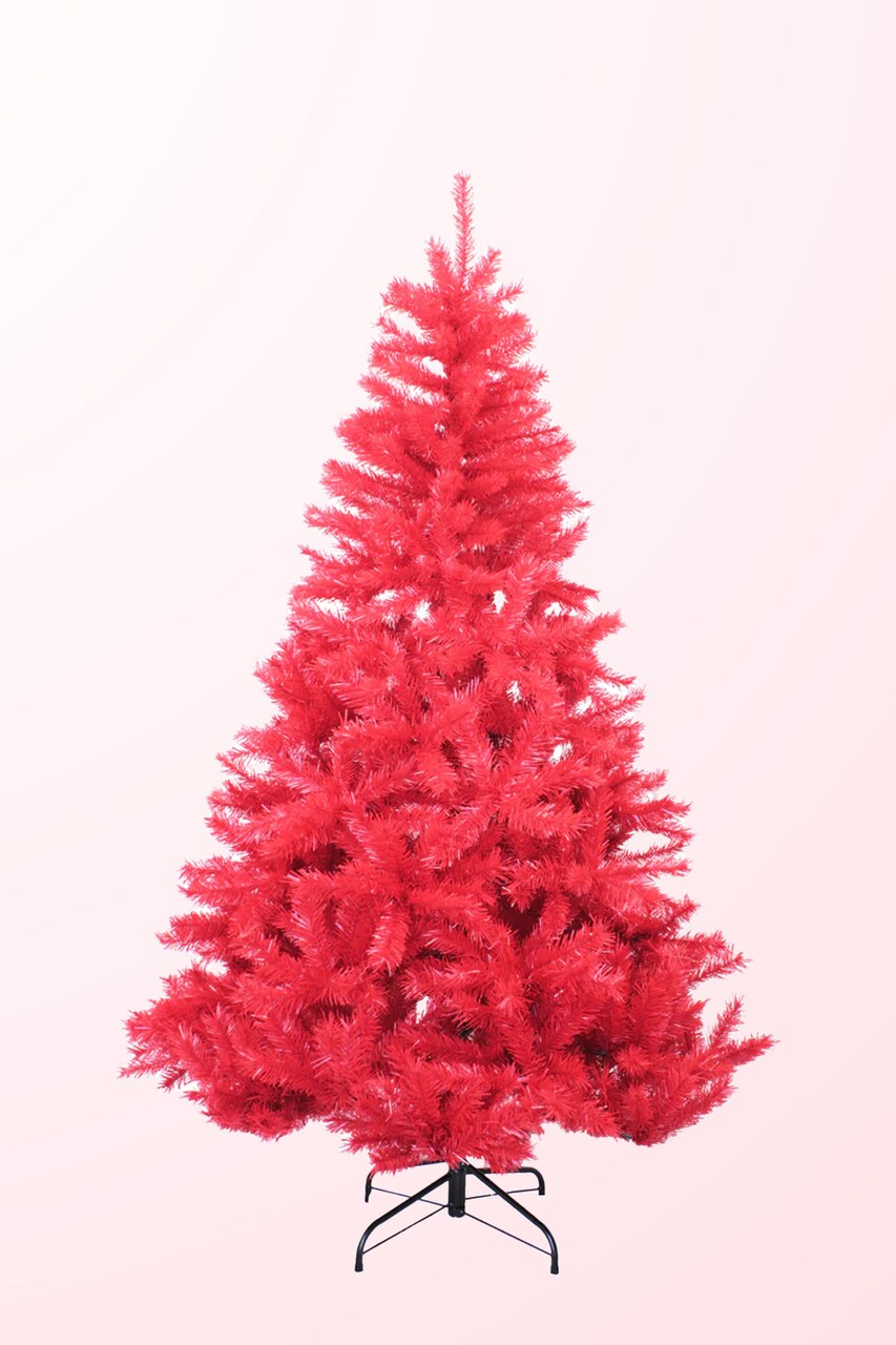 6ft Red Norway Pine Christmas Tree with Hinged Branches and Metal Stand